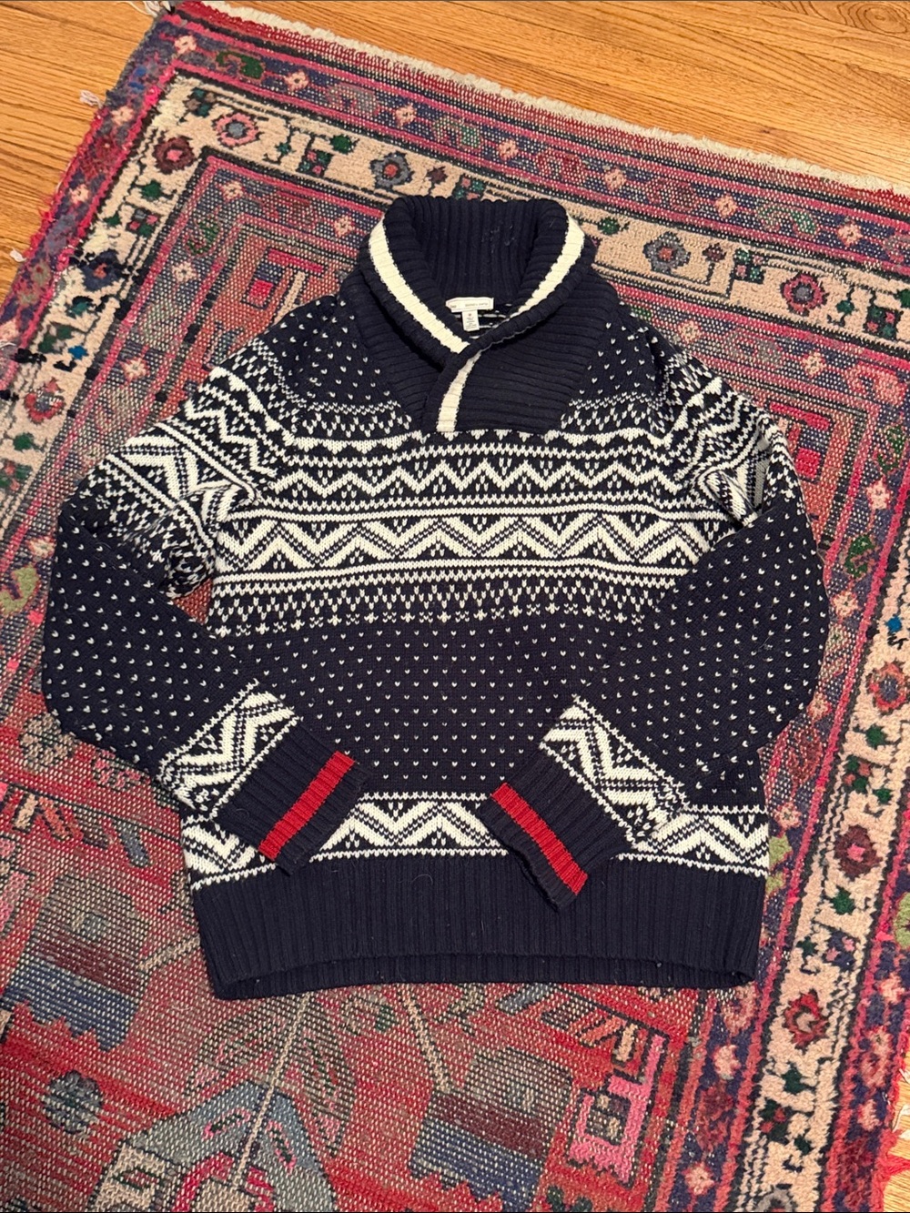 GAP Navy & White Fair Isle Shawl-Collar V-Neck Sweater with Red Cuff Stripes